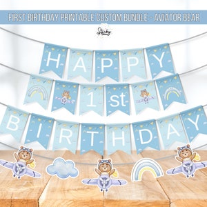 Pacote de aniversário do urso piloto - guirlanda de urso de aviação para impressão, topper de bolo de urso, toppers de cupcake de urso e muito mais! -Conjunto de festa DIGITAL.