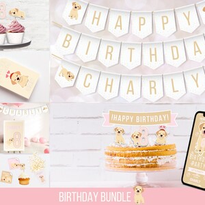 Labrador Birthday dog party bundle Decorations personalized banner dog bunting toppers labrador tags dog pink puppy party PRINTABLE digital