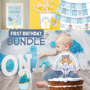 Decorações de aniversário de urso aviador - topper de bolo de urso, banner de aniversário de urso piloto, pôster de urso, download digital de ursinho de pelúcia para impressão
