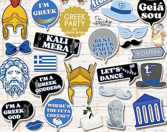50 griechische Party-Foto-Requisiten, Fotokabinen-Cupcake-Topper, Griechenland-Motto-Requisiten, Fotokabinen-Willkommensplakat, Griechenland-Dekorationen, DIY, sofortiger Download
