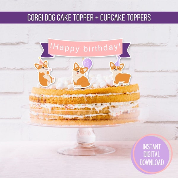 Corgi dog Happy Birthday Decoration Cake topper puppy dog party set digital printable Instant download