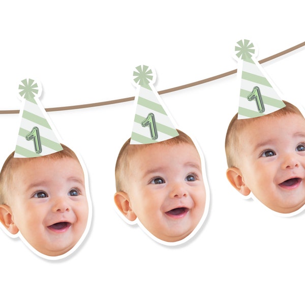 Baby Custom Photo Party hat | face banner printable | green birthday party for baby decorations 1st birthday garland, baby party hat
