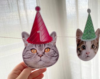 Cat Birthday Photo Garland, Personalized Cats Party Decor, Picture Cupcake Toppers Face Confetti