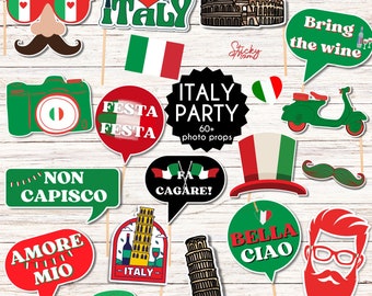 60 Italy Party Photo Props DIGITAL photobooth Italy themed props, Italian photobooth welcome sign, Italy photoprop DIY instant download PDF