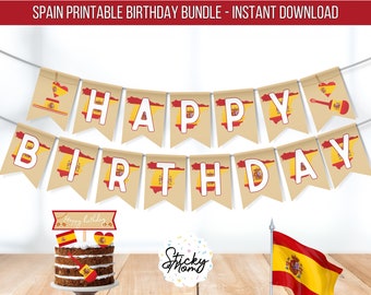 Spain Birthday Party decorations, Happy birthday banner flag Spain welcome sign Spain cake topper - DIY digital instant download BUNDLE