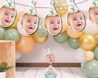 Baby Custom Photo Party hat | face banner printable | Fun birthday party for baby decorations 1st birthday garland, baby party hat Green