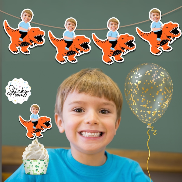 Bannière photo personnalisée dinosaure | face bannière imprimable dinosaure cupcake toppers Bannière personnalisée mettant en vedette le visage de votre enfant - numérique