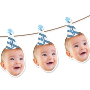 Bannière photo personnalisée pour bébé | bannière faciale imprimable | Décorations de fête d'anniversaire amusantes pour bébé, guirlande de 1er anniversaire