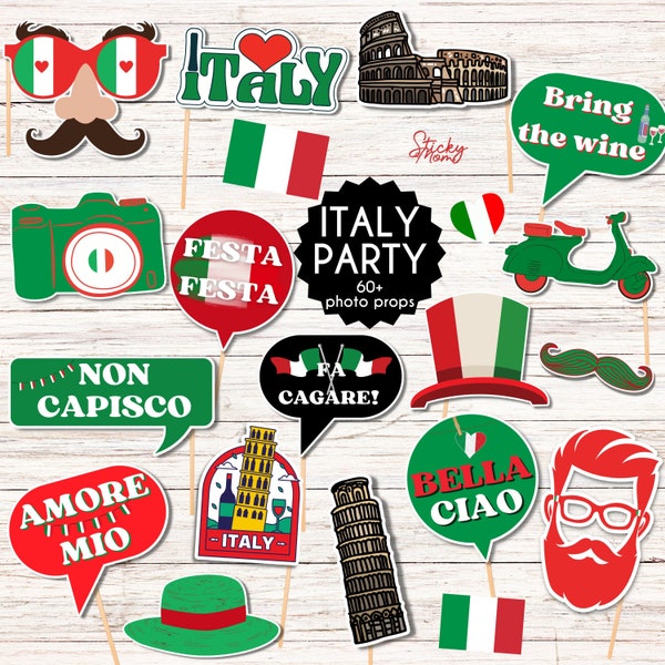 60 Italy Party Photo Props photobooth Italy themed props, Italian photobooth welcome sign, Italy photoprop DIY instant download digital PDF