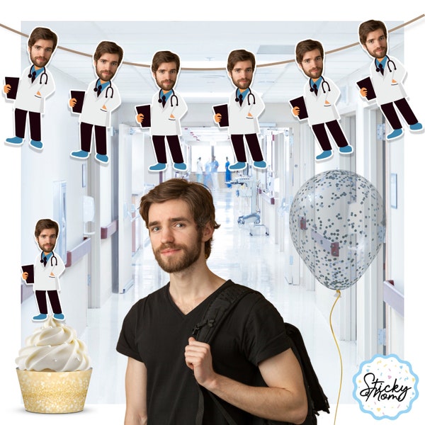 Doctor Face Banner medicine Cupcake Toppers Printable Graduation Party Decor - digital