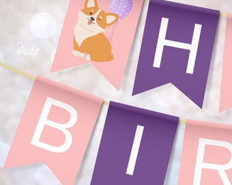 Happy birthday banner corgi dog Birthday Printable dog party garland corgi puppy dog pawty digital instant download