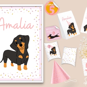 Teckel anniversaire fête bannière personnalisée chien bunting toppers teckel tags invitation chien rose parti fichier numérique imprimable