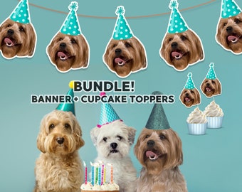 Dog Photo Banner & cupcake toppers - Custom Dog Birthday banner - Personalized Dog Banner - Dog Party Decorations - Pet Photo Banner-digital