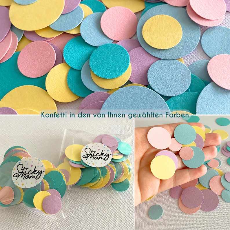 May include: A bag of confetti in pastel colours, including pink, yellow, blue, and green. The confetti is in the shape of circles and has the words "Sticky Mom" printed on some of the pieces.