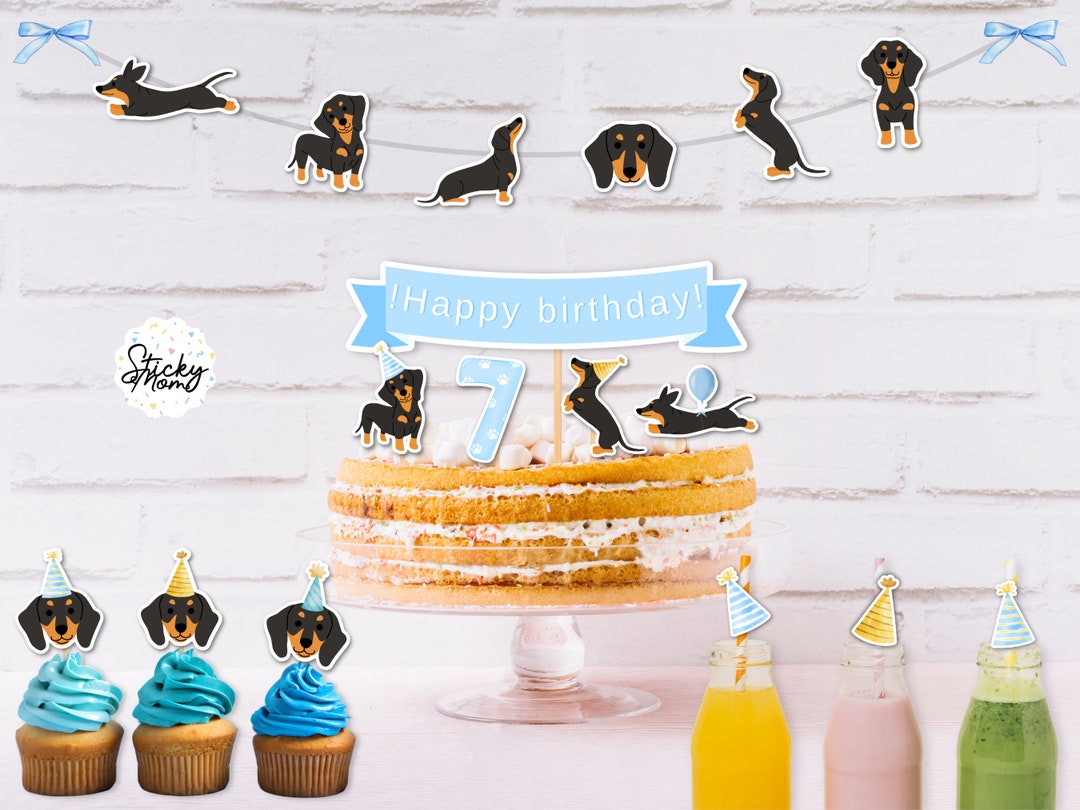 ケーキ カップケーキ トッパー ダックスフントの黒い犬 誕生日 印刷