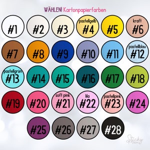 May include: A chart of 28 different coloured circles, each with a number from 1 to 28. The circles are arranged in rows of six, with the last row having only four circles. The colours are a mix of pastels and bright colours, including kraft, pastel blue, pastel green, soft pink, lilac, and pastel pink. The text "W&Auml;HLEN! Kartonpapierfarben" is at the top of the chart.