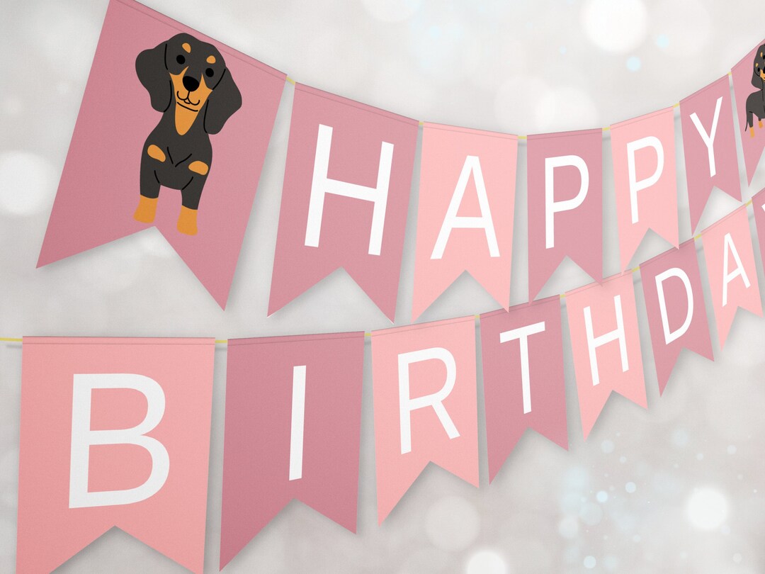 Happy Birthday Banner Doggie Dachshund Dog Birthday Printable Dog Pink