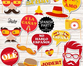 50 accessori fotografici spagnoli per foto, oggetti di scena per feste a tema Spagna, cartello spagnolo per cabine fotografiche, accessori fotografici spagnoli fai da te download immediato PDF digitale