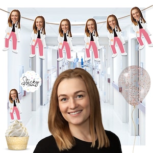 Arzt-Gesichtsbanner, Medizin-Cupcake-Topper, Fotobanner, druckbare Abschlussparty-Dekoration – digital