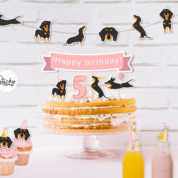 Cake Cupcake toppers Dachshund black dog Birthday pink dog party decorations digital printable digital files