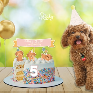 Pudel &quot;Alle Gute zum Geburtstag&quot; Decoration happy birthday Cake topper brown puppy poodle dog party set digital printable Instant download!