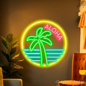 Original Aloha Neon Sign Sun and Wave with Coconut Tree Neon Light Sign Summer Beach Party Neon Sign Aesthetic Hawaii Style Neon sign