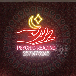 Original Custom Psychic Reading Neon Sign with Spiritual Hand - Personalized with Your Phone Number - Psychic Shop Wall Decor