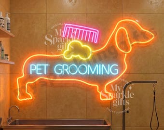 Pet Grooming Neon Sign, Dachshund Dog Groomer Salon Wall Decor, Business Light