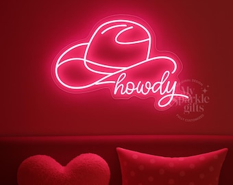Cowboy Hat and Howdy Neon Sign: Western Wall Art Decor