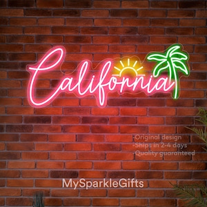 Letrero de neón de California con palmera y sol, luz de neón para dormitorio, fiesta, fondo de neón, arte de pared estético de neón, regalo para amigos de California