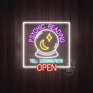 Custom Psychic Reading Neon Sign with Crystal Ball Open Sign & Phone Number Mystical Fortune Teller Decor for Spiritual Spaces/Businesses