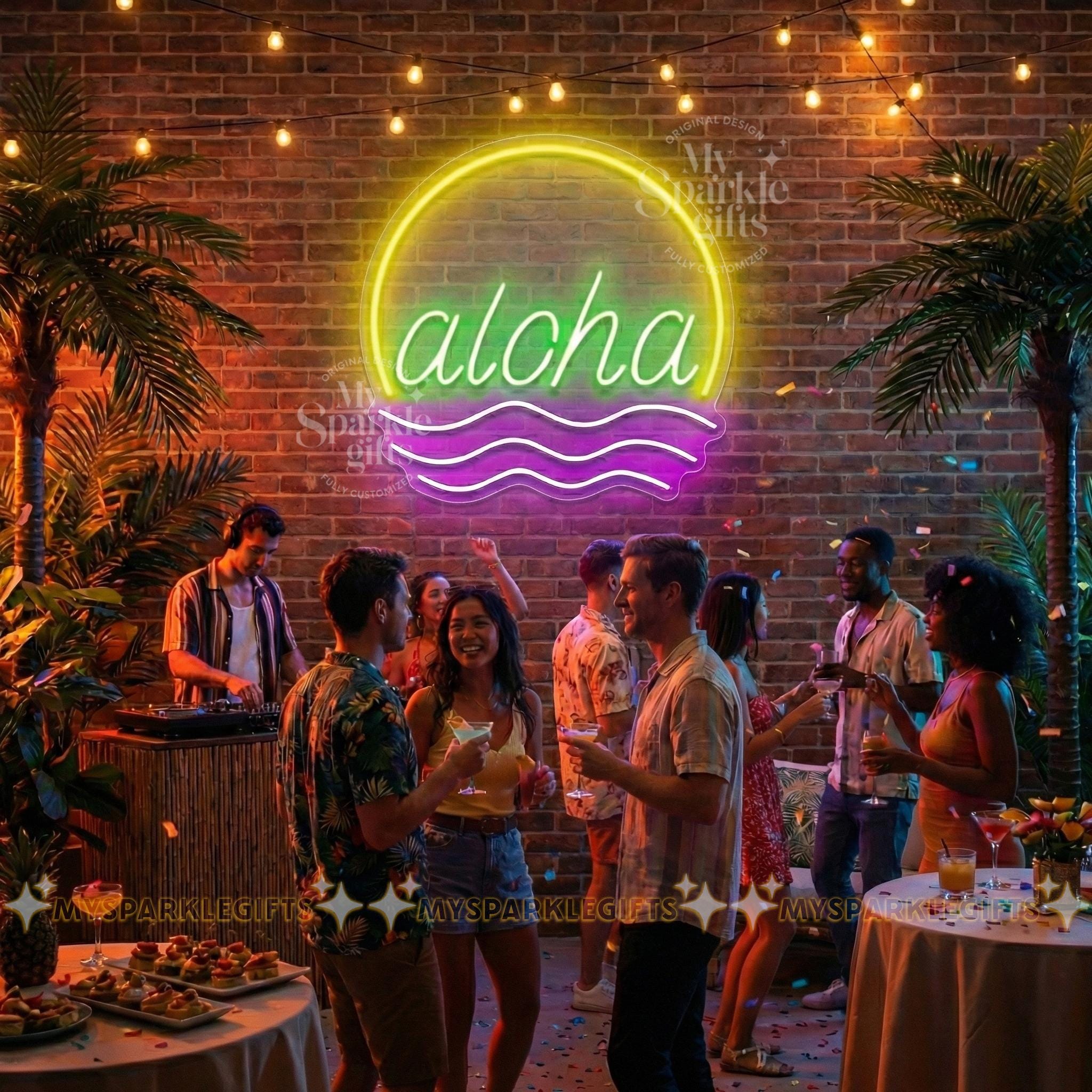 Aloha Neon Sign, Tropical Palm Tree Wave LED Light, Beach Bar