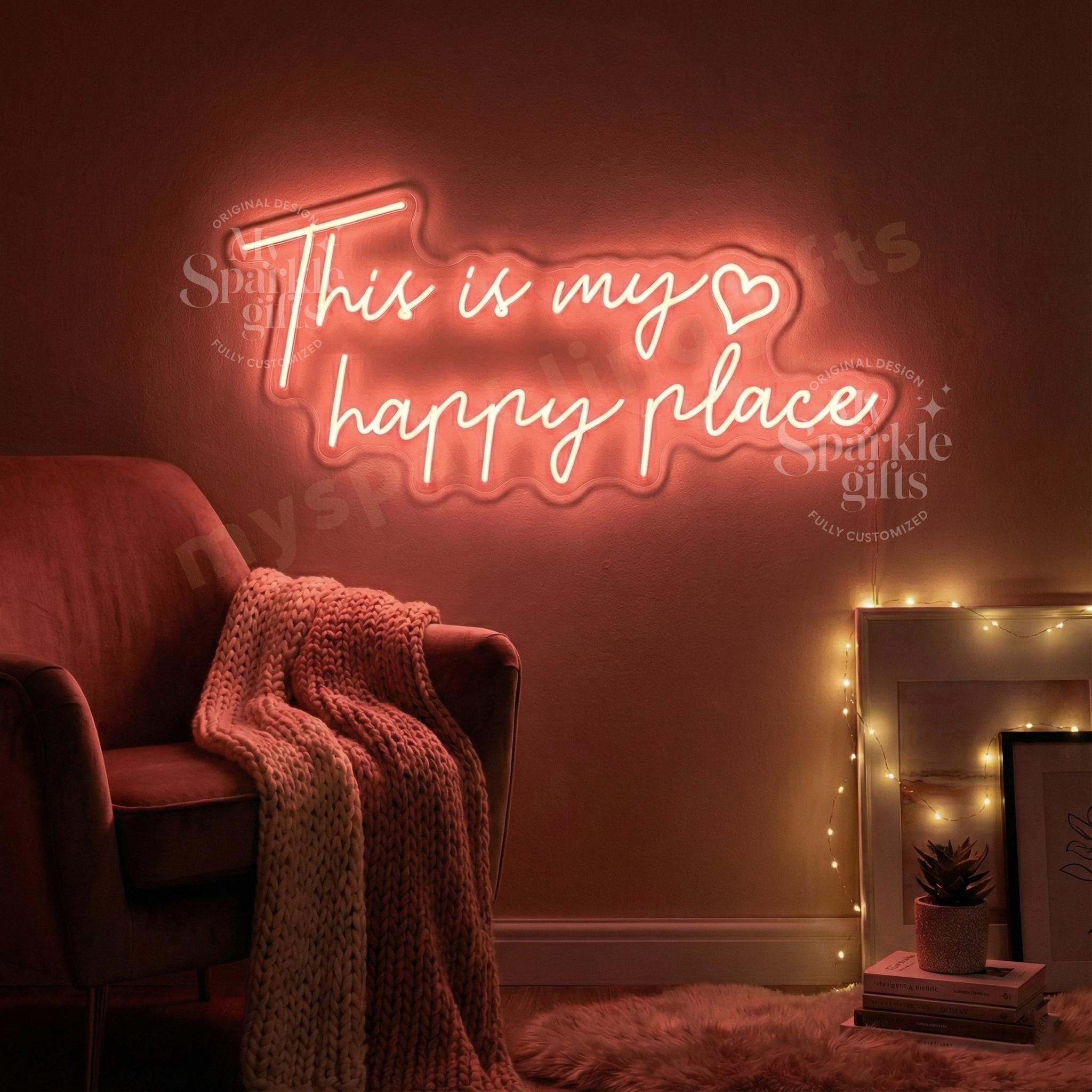 Happy Place ネオンサイン LED 壁飾り カスタム 引用句ライト 寝室