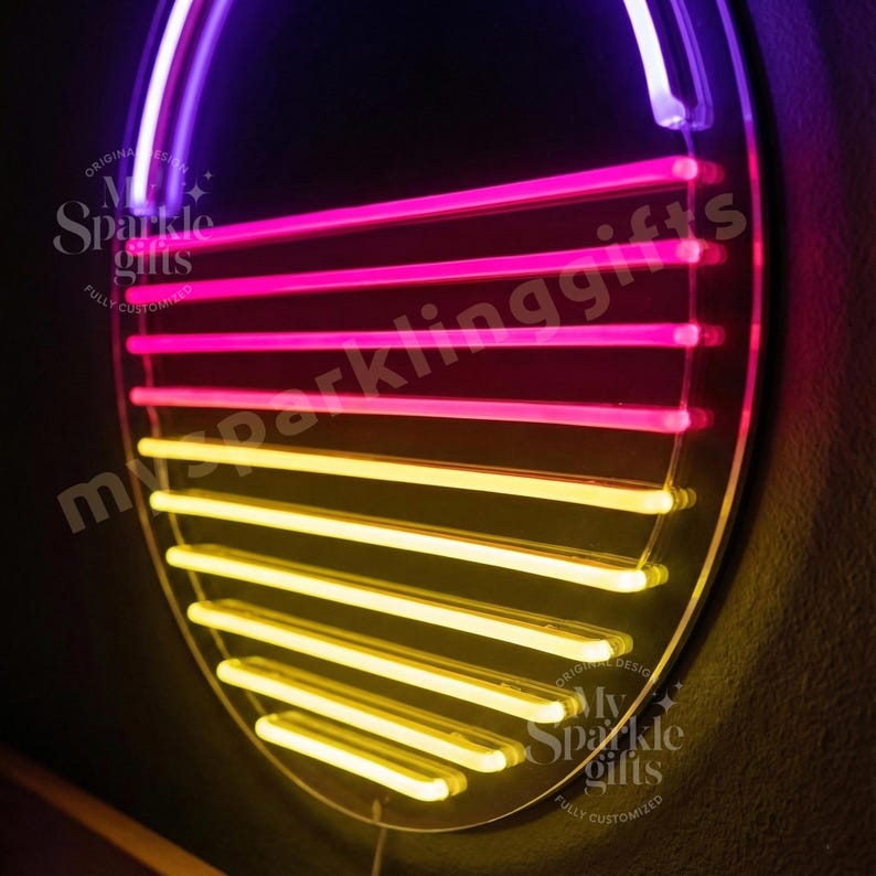 May include: A circular neon sign featuring a sunset-inspired design with horizontal tubes. The upper section displays vibrant pink light, while the lower section transitions into a warm yellow glow. The sign is mounted on a clear circular backing.