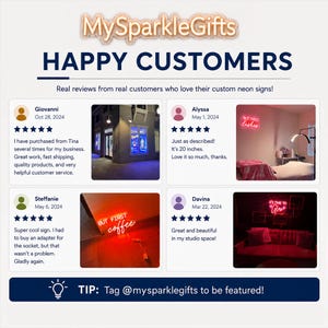 May include: A customer review graphic for MySparkleGifts featuring four testimonials with five-star ratings, customer names, dates, and photos of custom neon signs displaying text like But First Lashes, But First Coffee, and It's Time To Glow.