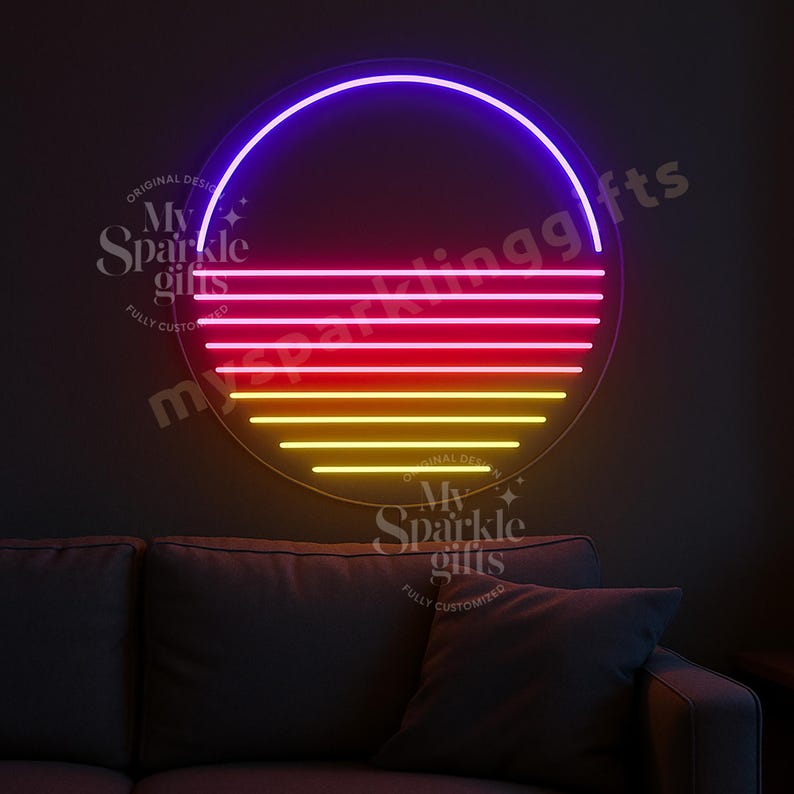 May include: A circular neon wall sign featuring a gradient sunset design with a purple arc at the top, followed by horizontal lines in shades of pink, orange, and yellow. The text My Sparkle Gifts is visible in the center and around the sign.