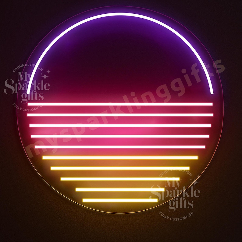 May include: A circular neon sign featuring a gradient sunset design. The top arc is purple, transitioning into horizontal lines of pink and yellow light. The text My Sparkle Gifts is visible in the upper left and lower right corners of the sign.