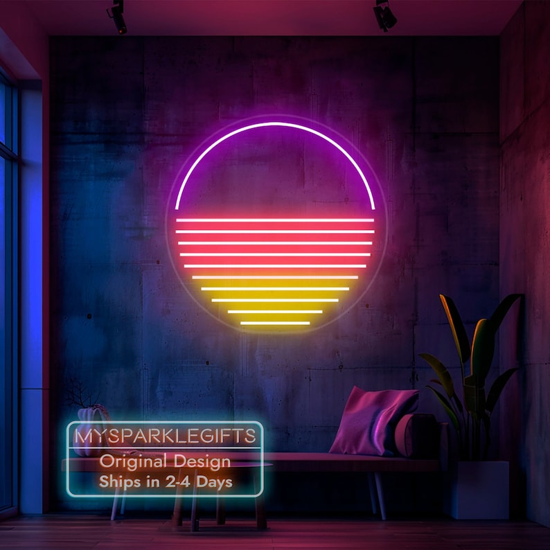 May include: A circular neon wall light featuring a gradient design of a purple arc at the top, followed by horizontal lines transitioning from red to orange and yellow at the bottom, creating a sunset effect against a dark concrete wall.