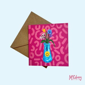 Smiley Flowers-wenskaart l Bedachtzame wenskaart, ik denk aan je kaart, bloemenkaart