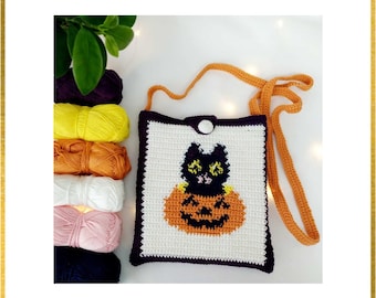 Halloween Crochet Pattern, Crochet Bag Pattern Cat with Pumpkin, Crochet Purse, Crochet Cat, Crochet Pumpkin