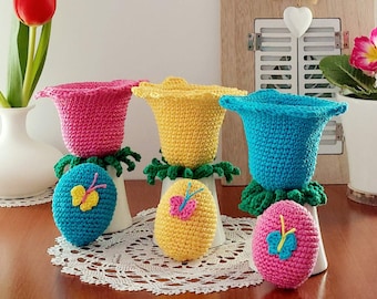 Easter Crochet Pattern, Flower Basket with Easter Eggs, Crochet Easter Amigurumi Eggs, Crochet Flowers, Crochet Mini Butterfly