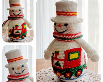 Christmas Crochet Pattern, Snowman with a Train, Christmas Crochet, Christmas Amigurumi, Snowman Crochet, Amigurumi Snowman, Christmas Toys