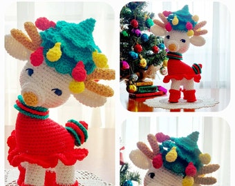 Christmas Crochet Pattern, Reindeer with Hat Christmas Tree, Christmas Crochet, Christmas Amigurumi, Crochet Reindeer Toy, Crochet Reindeer