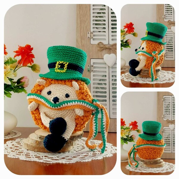 St Patrick's Day Crochet Pattern, Hedgehog with Leprechaun Hat, Crochet Leprechaun Hat, St Patrick's Day Crochet Amigurumi Decorations