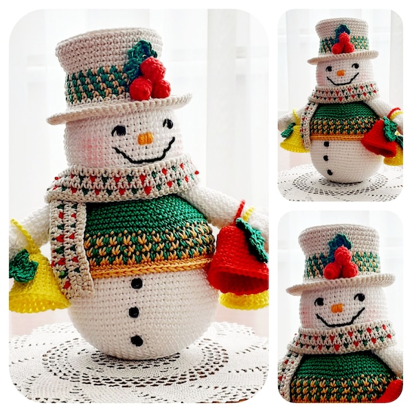 Christmas Crochet Pattern, Snowman with Christmas Bells, Christmas Crochet, Christmas Amigurumi, Snowman Amigurumi, Crochet Snowman Doll