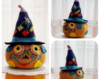 Halloween Crochet Pattern, Pumpkin with Witch Hat, Crochet Pumpkin, Amigurumi Pumpkin, Crochet Witch Hat, Halloween Amigurumi Pattern