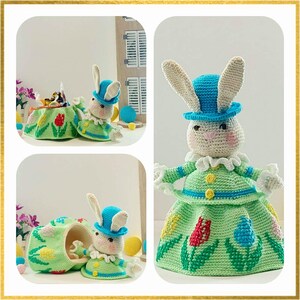 Modèle de Pâques au crochet, bonbonnière lapin avec motif de broderie tulipe (PDF en anglais uniquement)