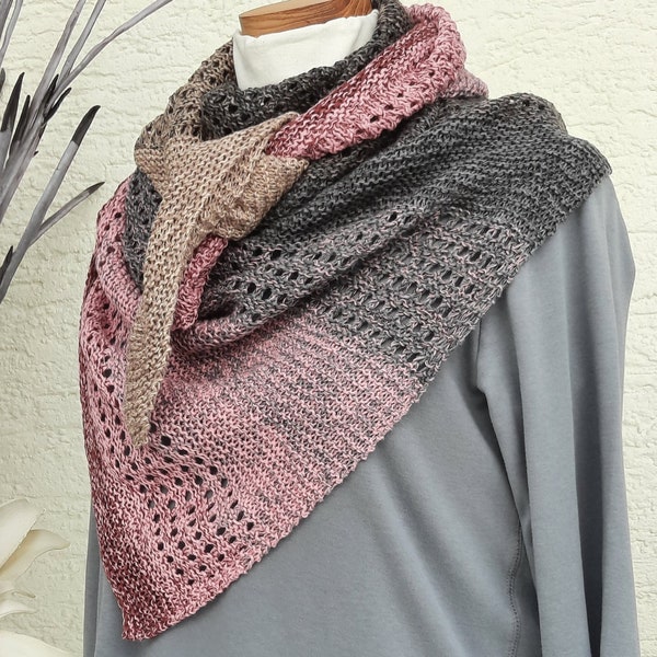 asymmetrisches Schultertuch, gestrickt, Farbverlaufsgarn, Mustermix, rosé-braun#