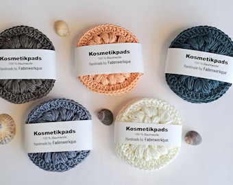 nachhaltige  Kosmetikpads/Abschminkpads aus Baumwollgarn, gehäkelt, unifarben, versch. Farben, 4er Pack