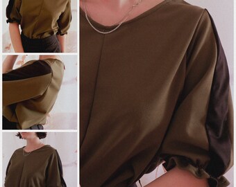 Upcycelte Damen Bluse im Barokstil, V- Ausschnitt, und Rüschen an den Armen, 3/4 Ärmel in Khaki